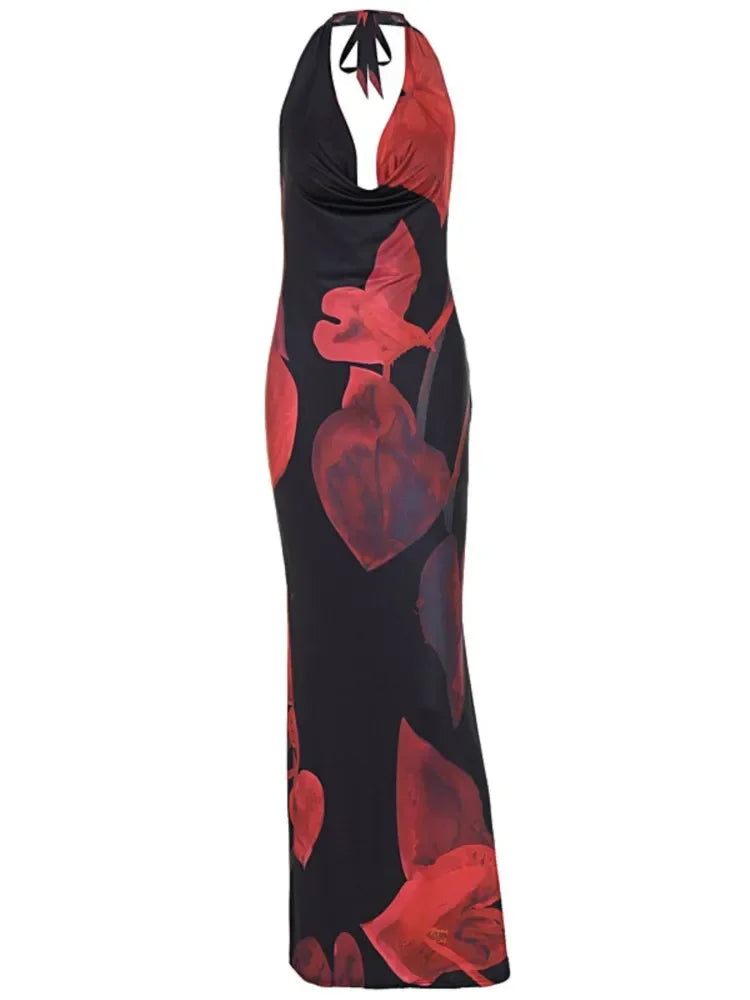 Sexy Print Slim Halter Neck Long Dresses Women Deep V-neck Backless Package Hip Bodycon Party Night Club Dress Trendy Streetwear GlowCart