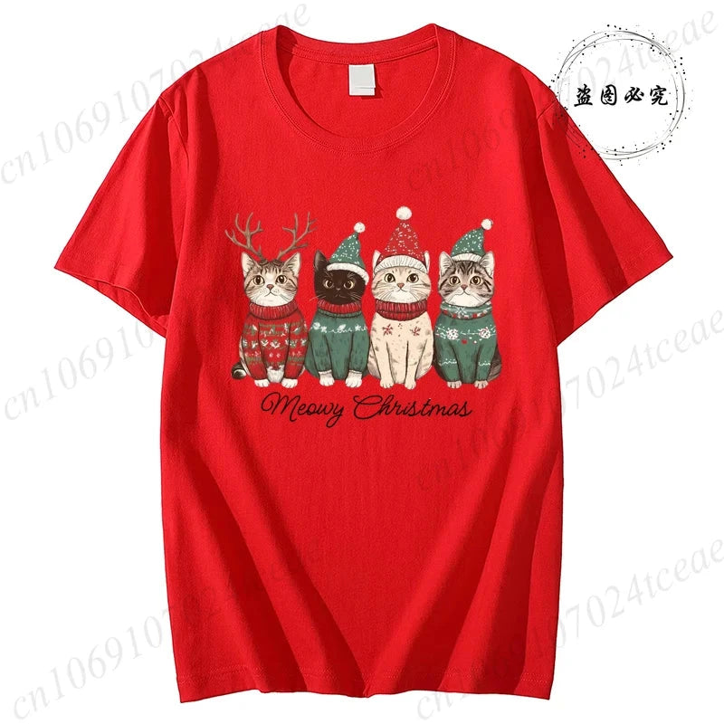 Meowy Christmas Cat Print Women Fashion T Shirt Girl O Neck GlowCart