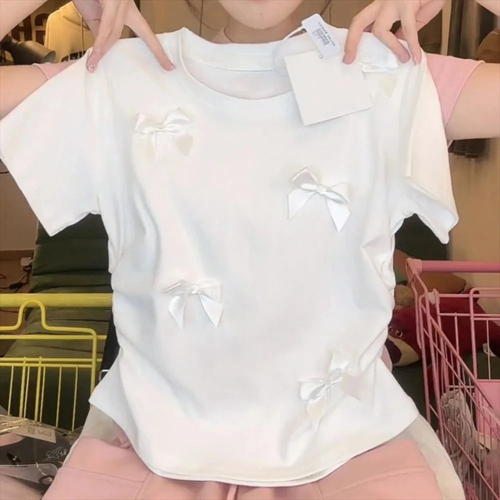 Elegant Ballet Bowknot T Shirts Round Collar Japanese Style GlowCart