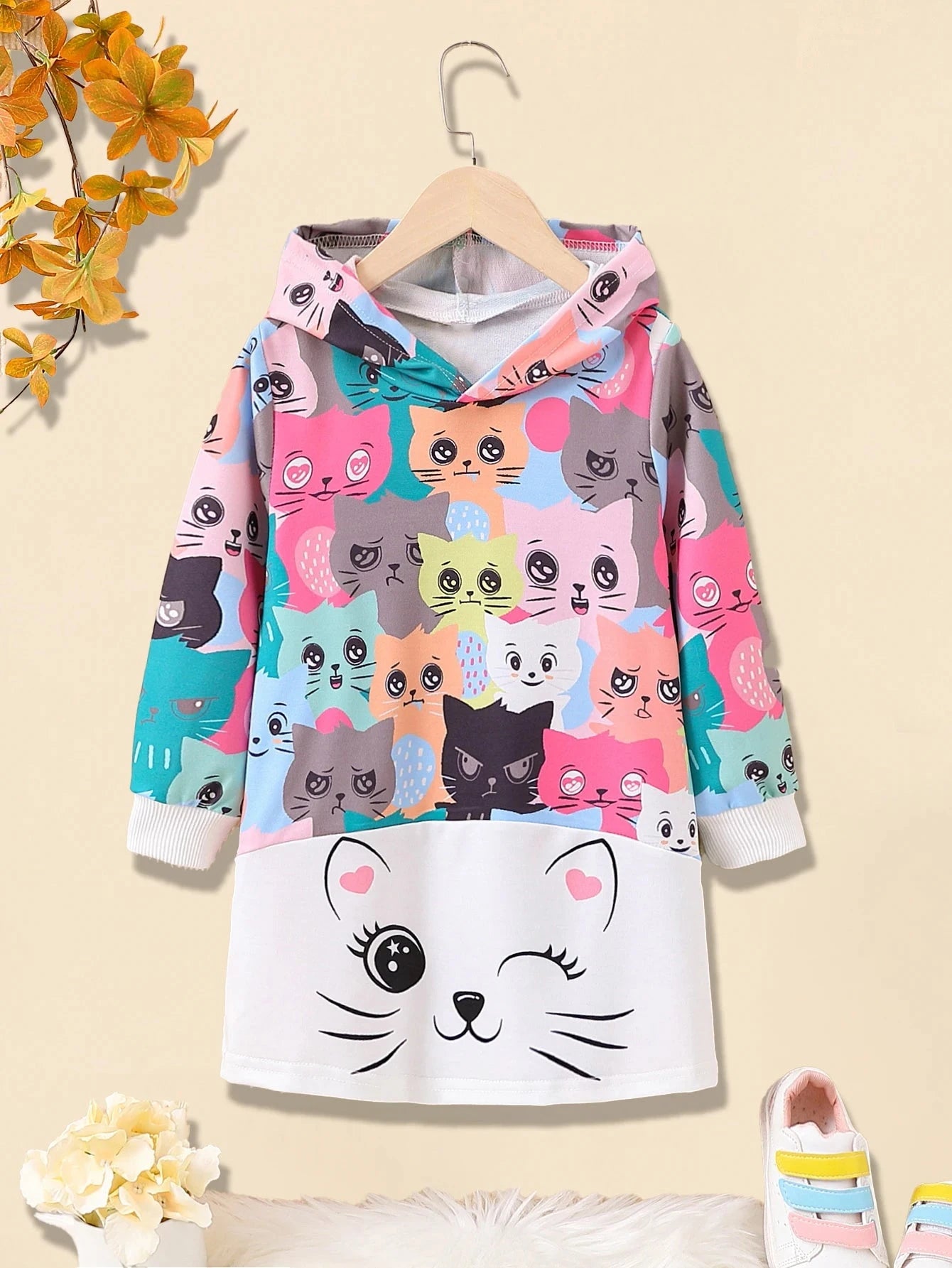 Cute Pink Kitty Graphic Girls' Long Sleeve Cartoon Hoodie Dress, Casual Lightweight Comfy Fit Kids Tops GlowCart