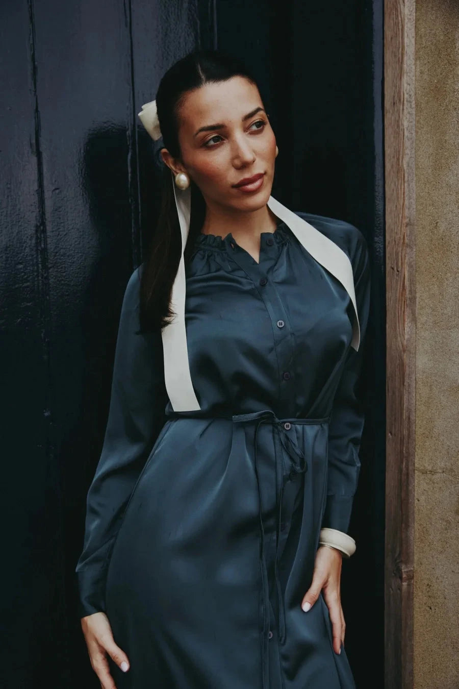 AS AW25 satin dress elegance lady ruffled neck woman clothes GlowCart