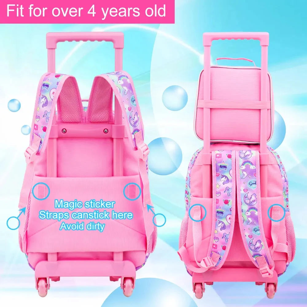 4PCS Rolling Bookbag for Girls, Cute Kids Mermaid Wheeled Backpack，Unicorn Roller School Bag with Wheels for Elementary Preschoo GlowCart