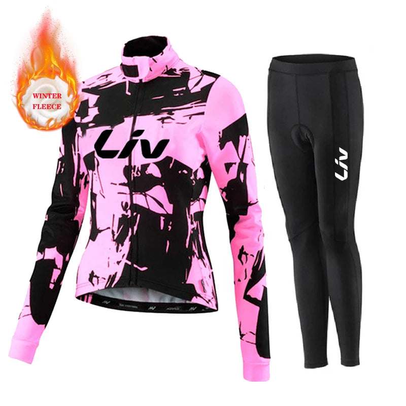 Liv Women Team Winter Fleece Long Sleeve Cycling Jersey Set Mountian Bicycle Clothes Wear Ropa Ciclismo Racing Bike Jersey Suit GlowCart