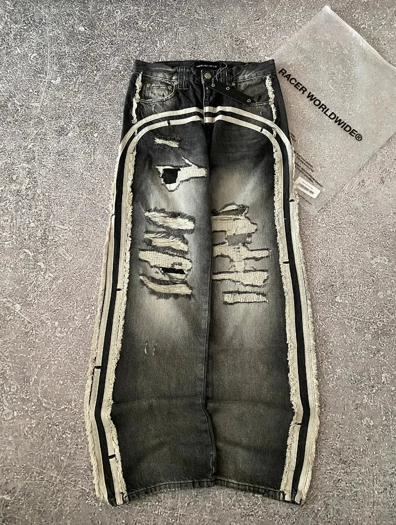 Streetwear American New Hole Washed Yellow Baggy Jeans Male GlowCart