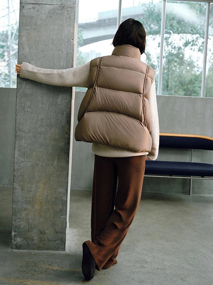 Autumn Winter Stand Collar Curved Puff Down Vest Women White GlowCart