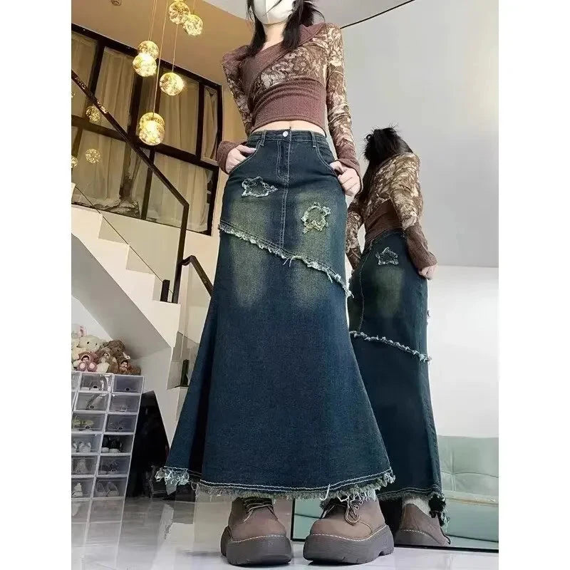High Waist American Retro Torn Denim Skirt Women's Mid-Length A- Line Fish Tail Skirt Autumn Season Fashion Sensation GlowCart