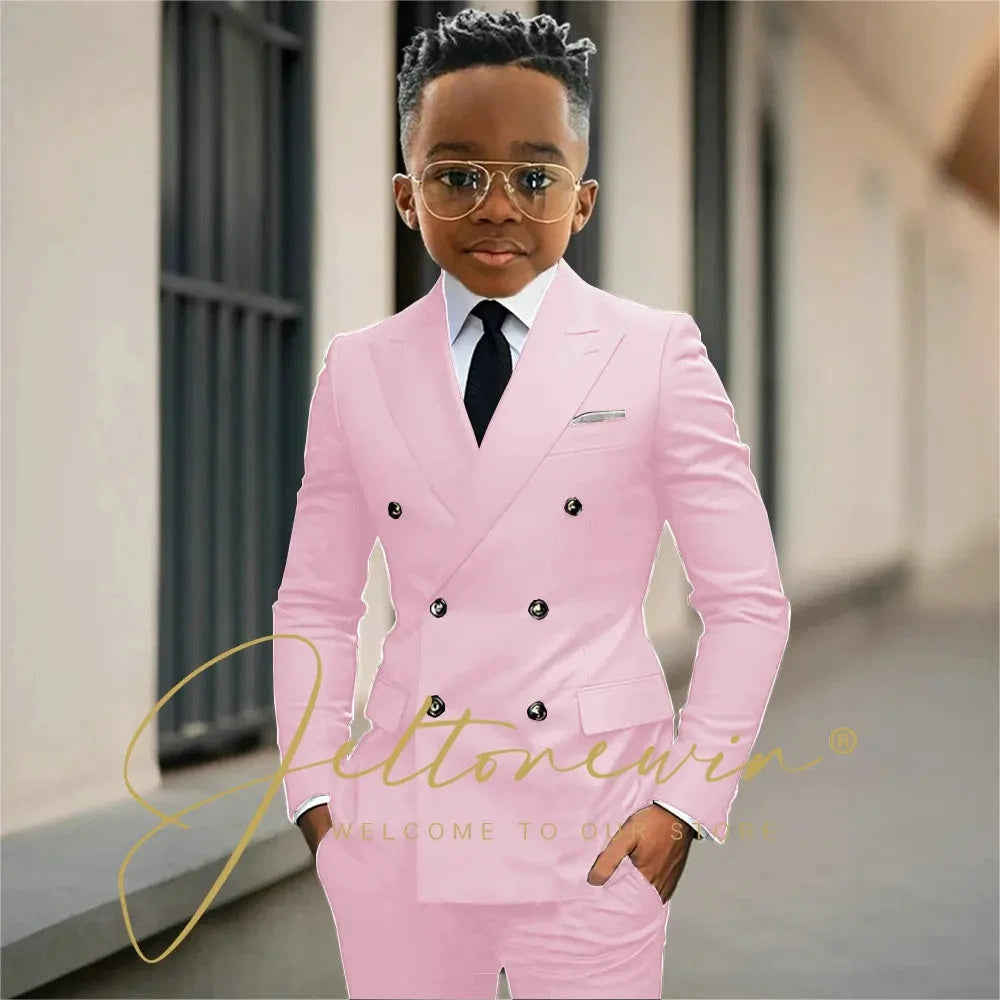 Boy's Beige Suit Set Double Breasted Blazer Pants 2 Pieces Classic kids Wedding Tuxedos Children Party Suits outfits GlowCart
