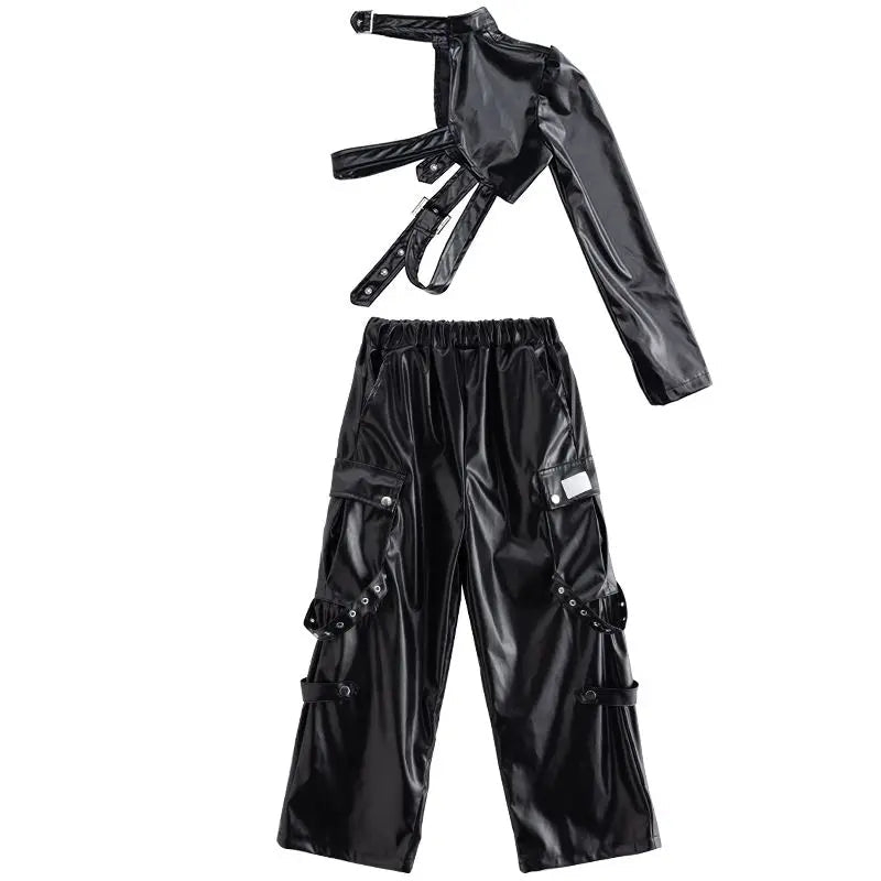 Jazz Dance Girls Clothes Kids Hip Hop Dance Costume Black Leather Crop Tops Hiphop Pants Catwalk Performance Clothing BL13600 GlowCart