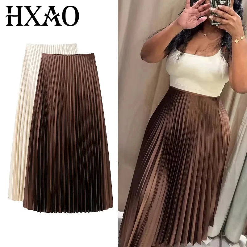 HXAO Women's Pleated Skirt Summer Brown Ruffle Skirt Cylinder Pleats Mid Waist Midi Skirt Fashion Elegant Women Long Skirt 2025 GlowCart