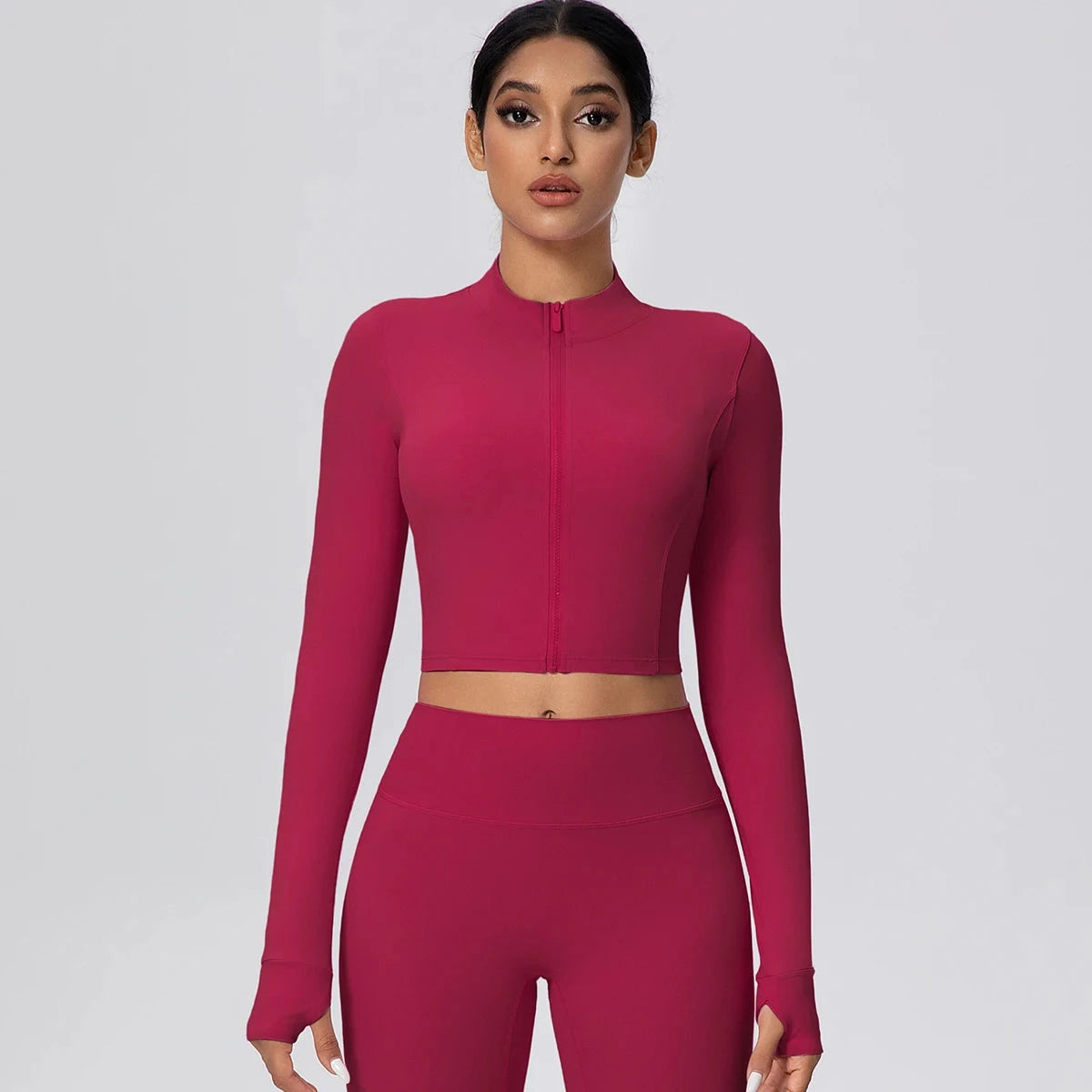 Woman Solid Color Slim Casual Zipper Long Sleeves Yoga Tight Naked Feel Sports Thumb Hole Gym Workout Top Running Yoga Jacket GlowCart