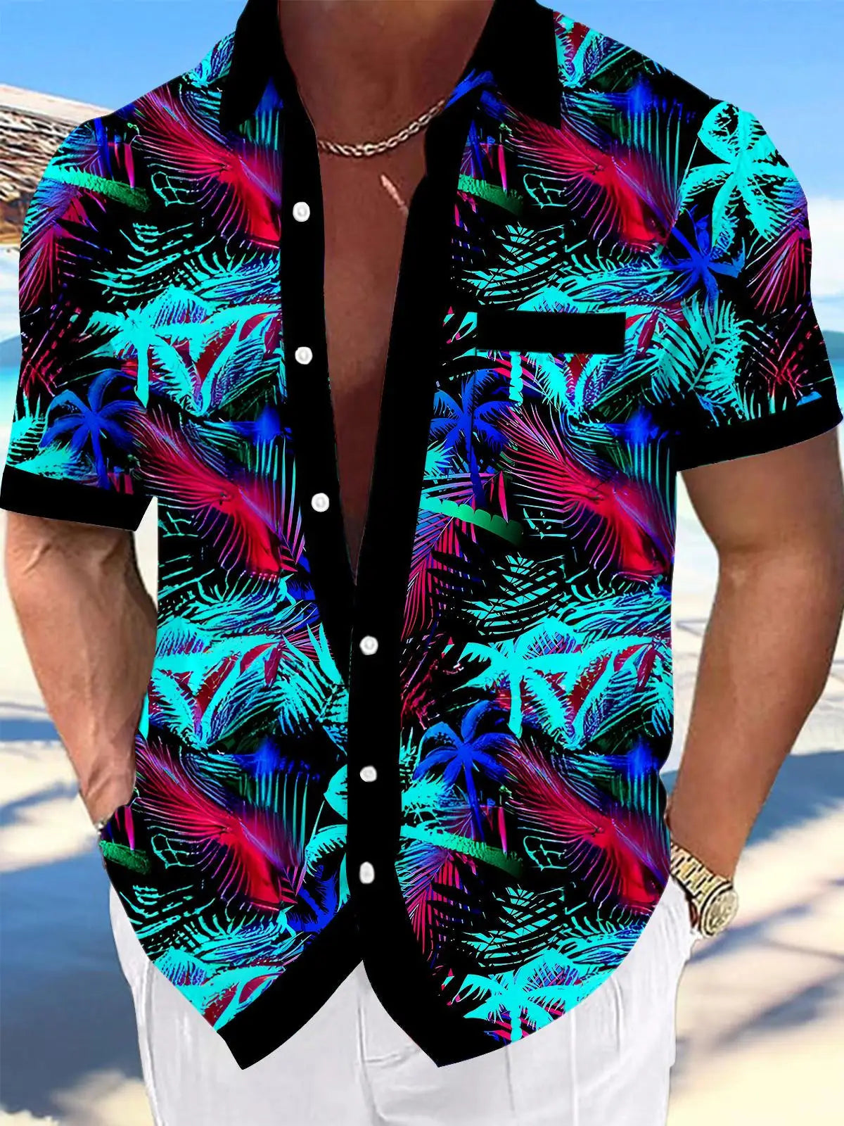 New Hawaii Spring/Summer Fashion Leisure Street Walk Tourist Beach Printed Full Open Short Sleeve Button Shirt, Quick Shipping GlowCart