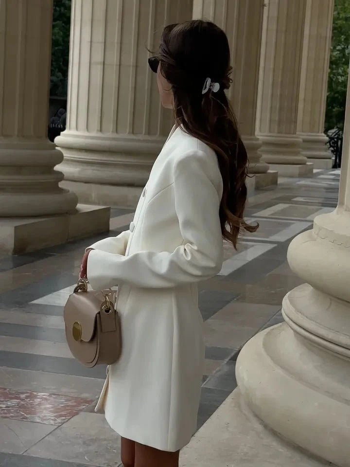 White Single Breasted A-line Mini Dress Women Elegant Solid GlowCart