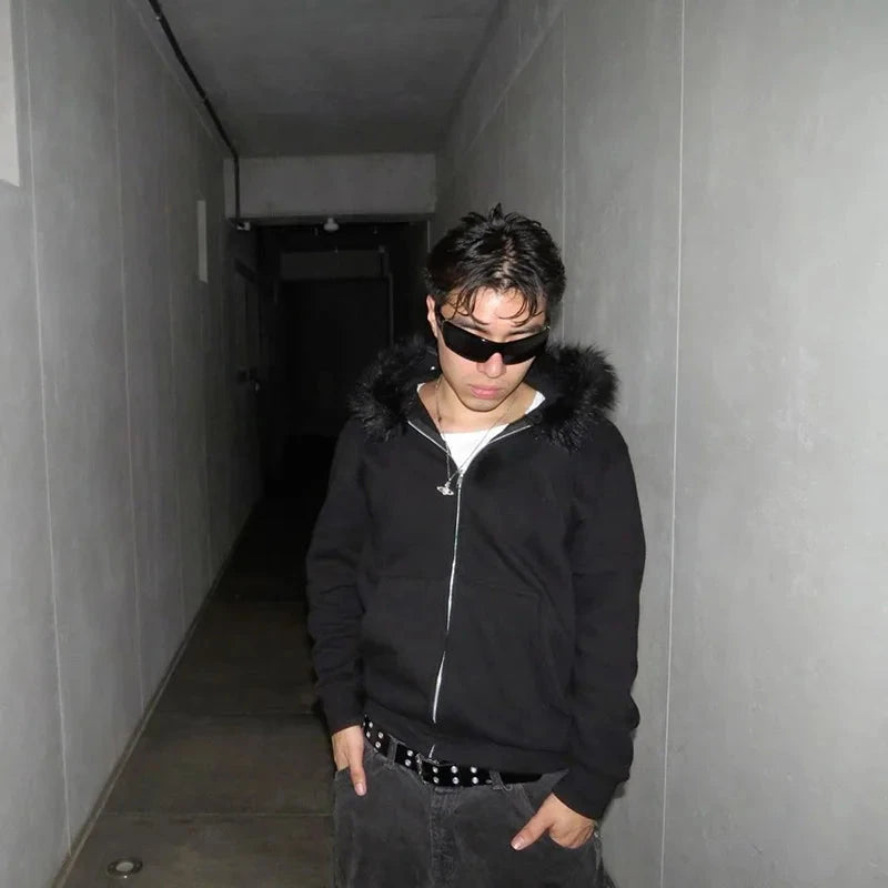 Casual Y2K Zip up hoodie Faur collar Harajuku Streetwear GlowCart