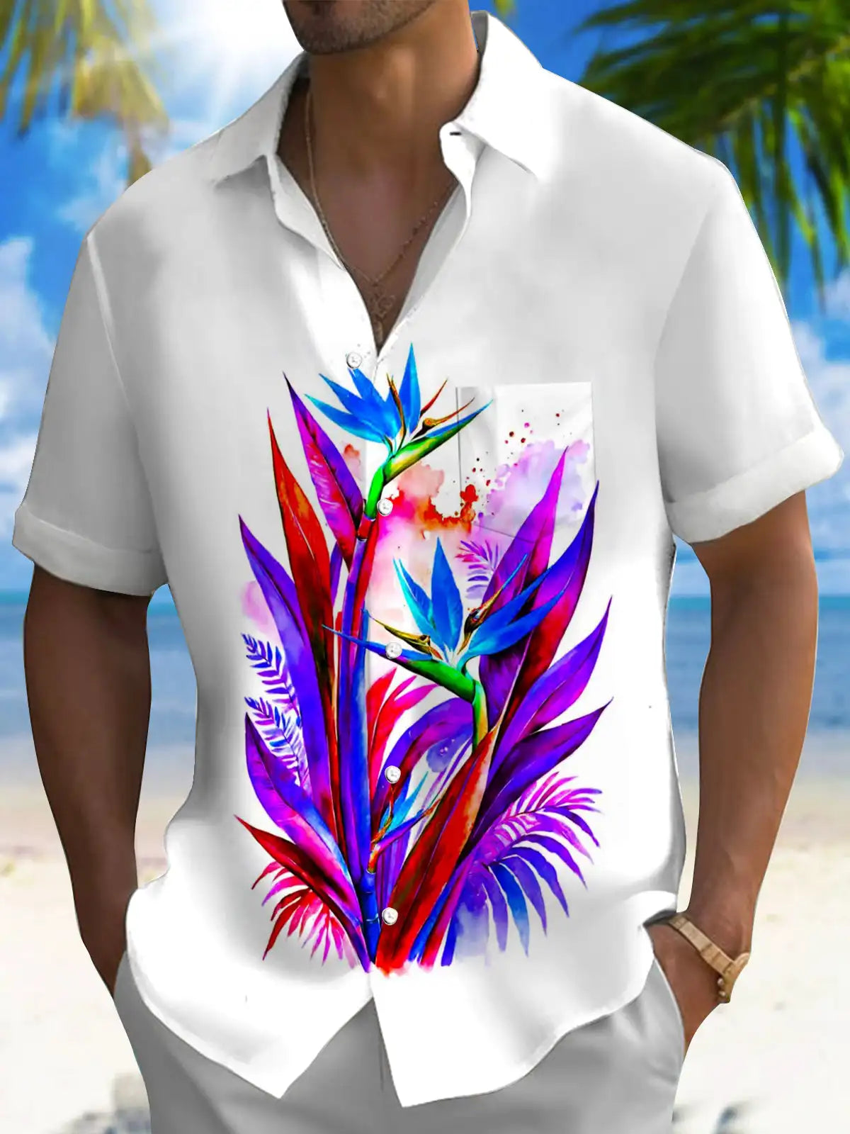 New Hawaii Spring/Summer Fashion Leisure Street Walk Tourist Beach Printed Full Open Short Sleeve Button Shirt, XS-5XL GlowCart