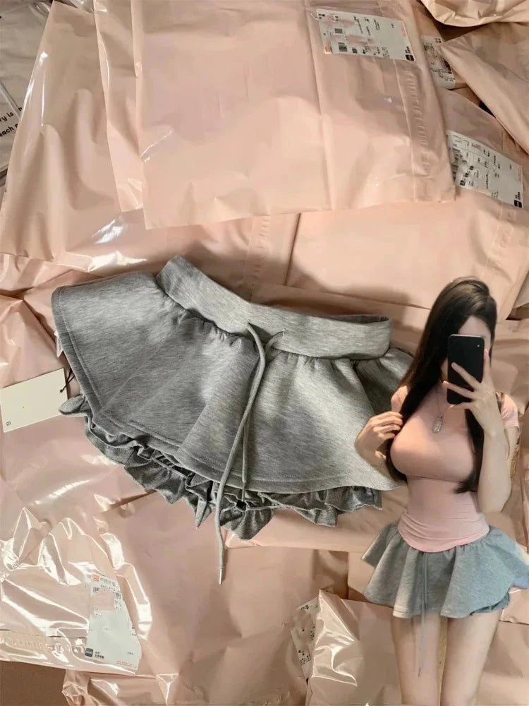 Sweet Ballet-style Grey Drawstring Skirt Women Korean GlowCart