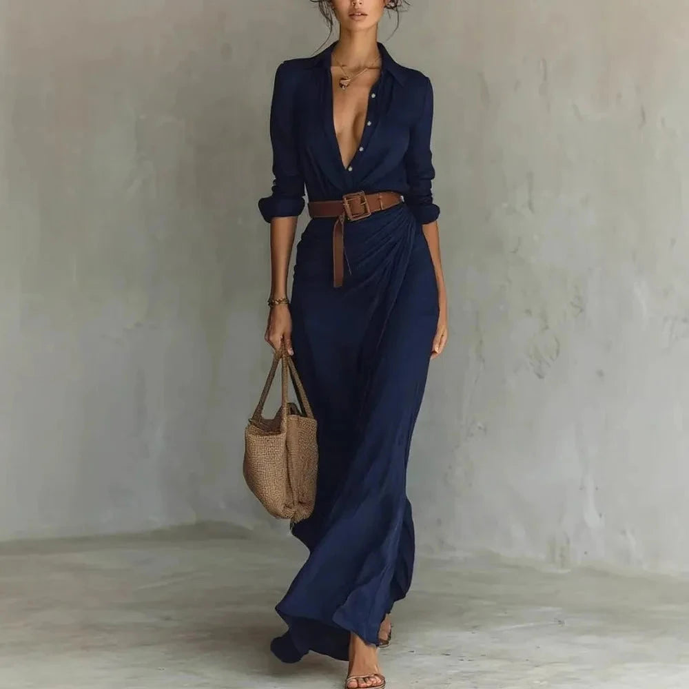 2025 New Autumn Woman Sexy Deep V Neck Hollow Long Dress GlowCart