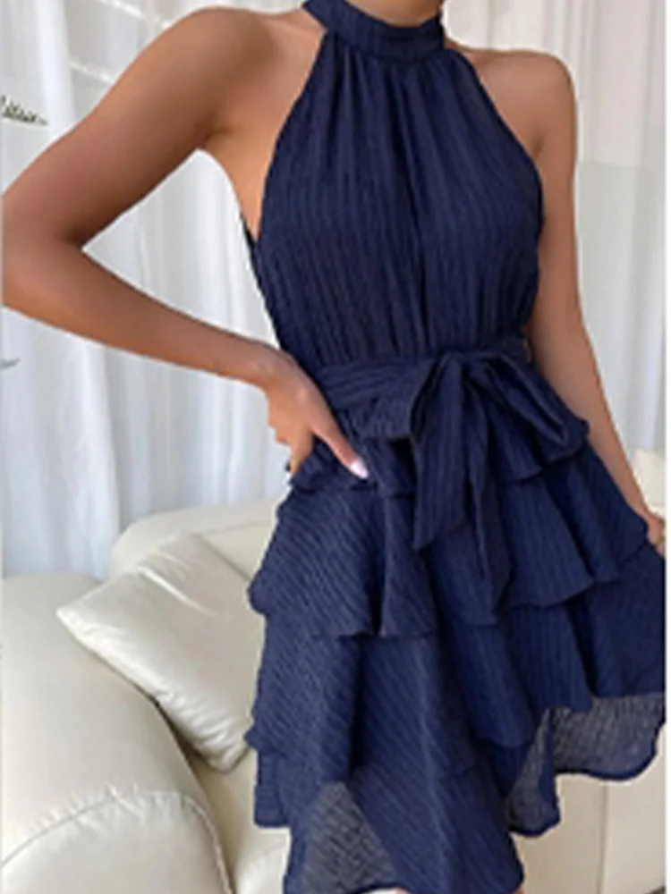Stylish Sleeveless Off Shoulder Multi-Layered Ruffle Edge Dress Women's Solid Color Mini Dress Party A Line Dresses GlowCart