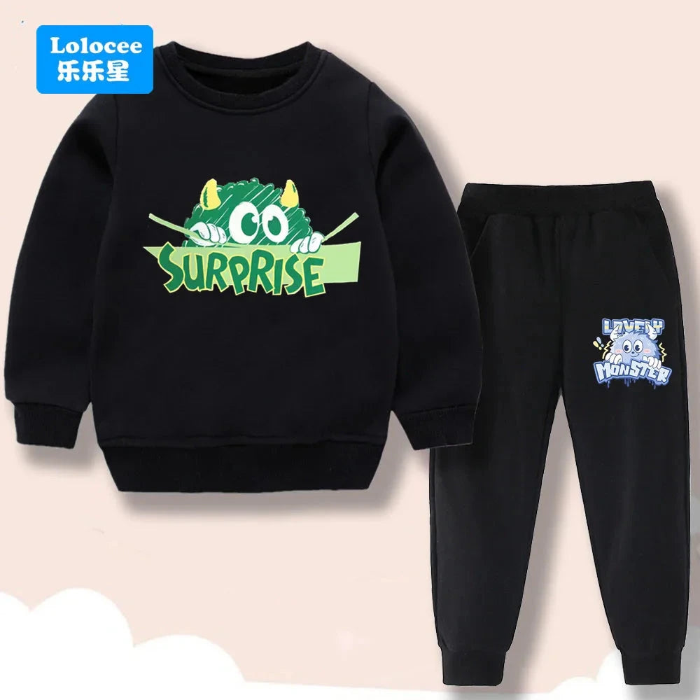 Spring/Autumn Children's Clothing Sets Cartoon Monster Print Boys' O Neck Sweatshirt Pants Two Piece Pullover Set for Kids GSJX1 GlowCart