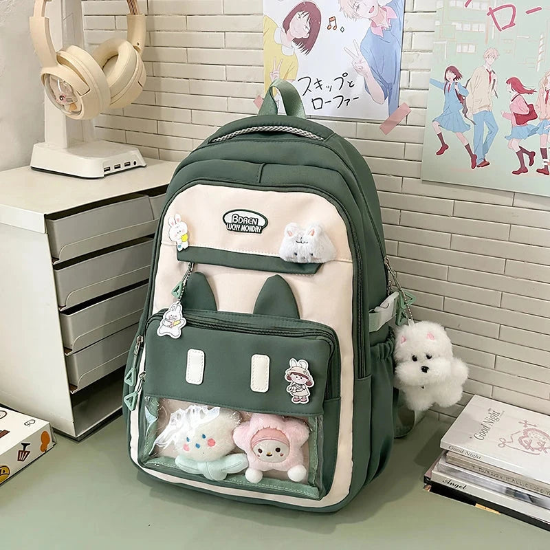 Cute Backpack School Bag Transparent Window Plush Puppy Cartoon Decor Large Capacity Nylon Zipper Adjustable Straps for Travel GlowCart