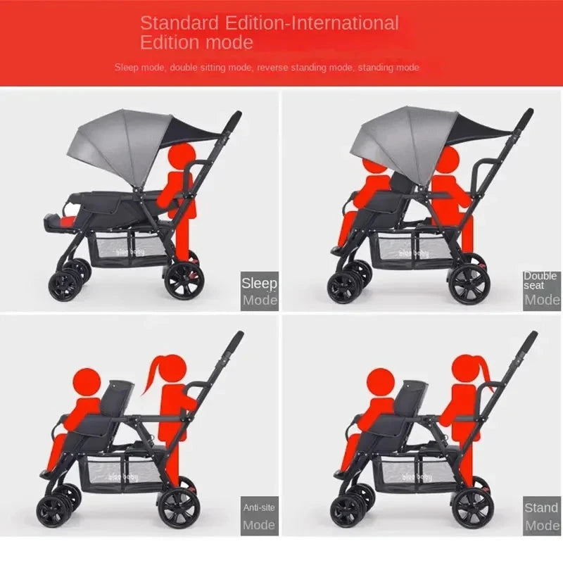 Baby Twin Stroller Removable Rear Seat 0-7 Years Old Double stroller One-key Folding Four-wheel Anti-skid Shock Absorption GlowCart