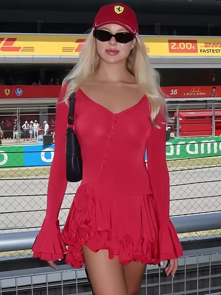 Sibybo Ruffles Hem Sleeveless Mini Dress Women V-Neck GlowCart