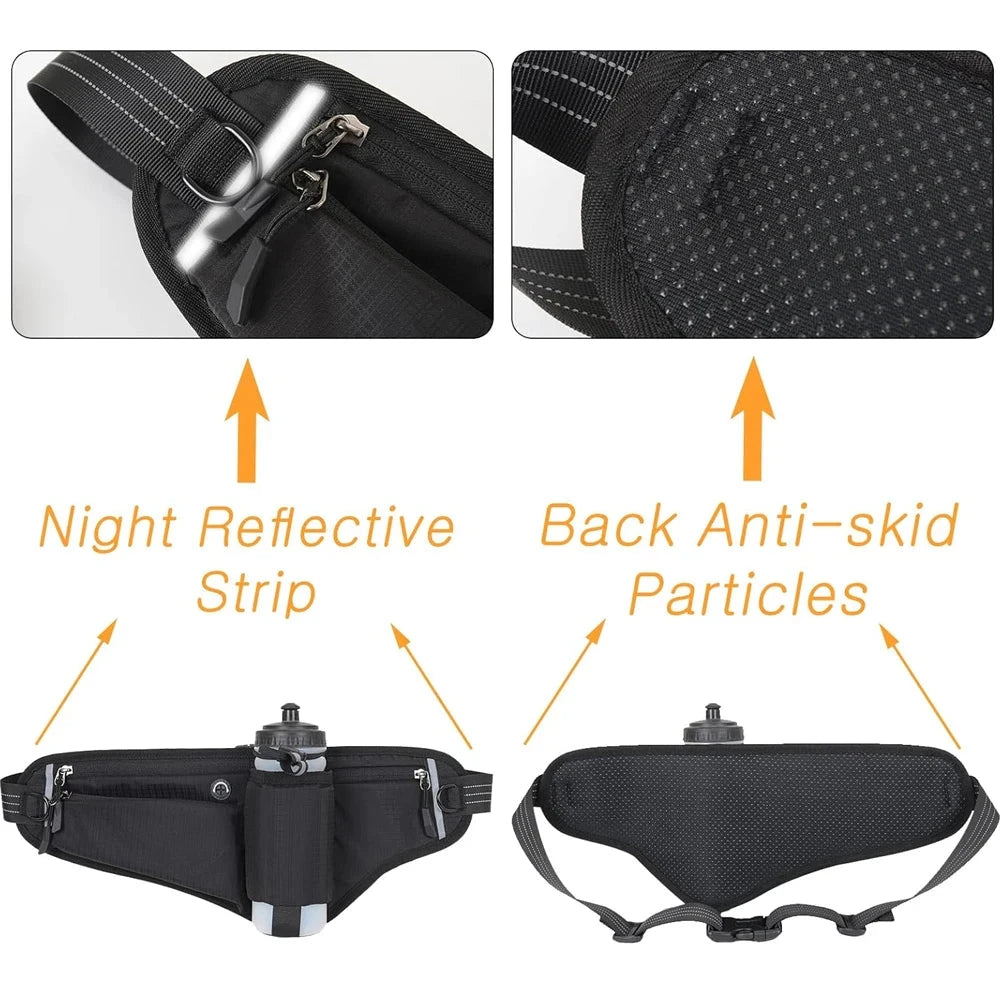 Waterproof Hydration Running Belt with 90° No-Bounce Bottle Holder - Adjustable Reflective Waist Pack for Hiking, Cycling, Gym GlowCart