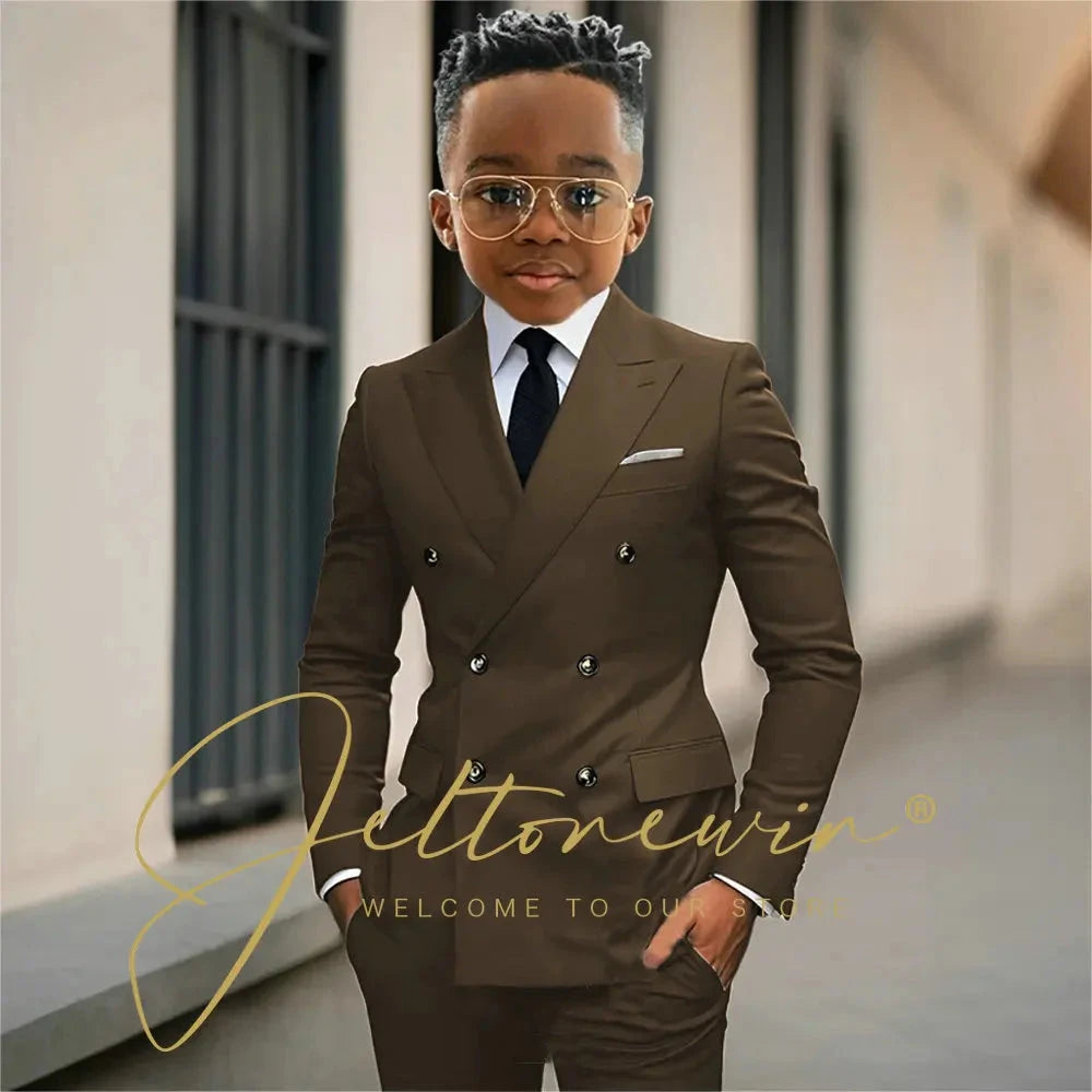 Boy's Beige Suit Set Double Breasted Blazer Pants 2 Pieces Classic kids Wedding Tuxedos Children Party Suits outfits GlowCart