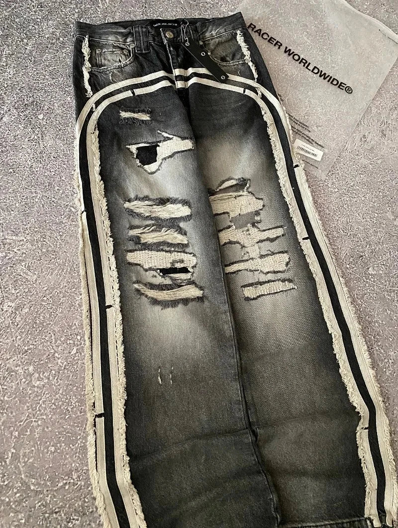 Streetwear American New Hole Washed Yellow Baggy Jeans Male GlowCart