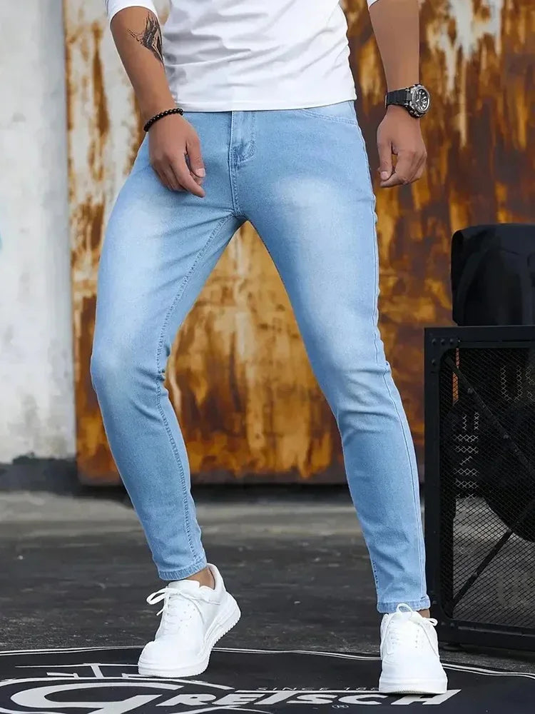 Men Jeans Stretch Skinny Denim Pants Solid Color Black Blue Spring Luxury Street Harajuku Hip-Hop Style Slim Fit Trousers Brand GlowCart