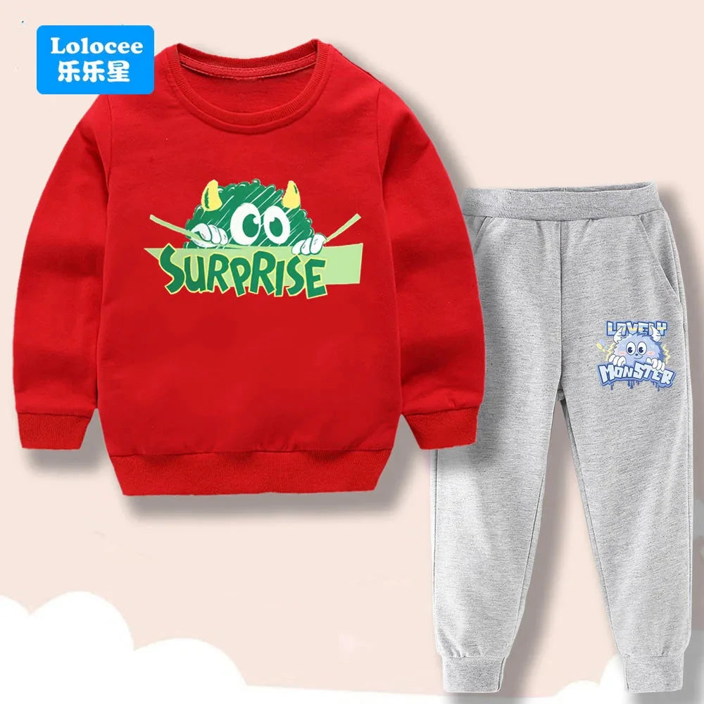 Spring/Autumn Children's Clothing Sets Cartoon Monster Print Boys' O Neck Sweatshirt Pants Two Piece Pullover Set for Kids GSJX1 GlowCart