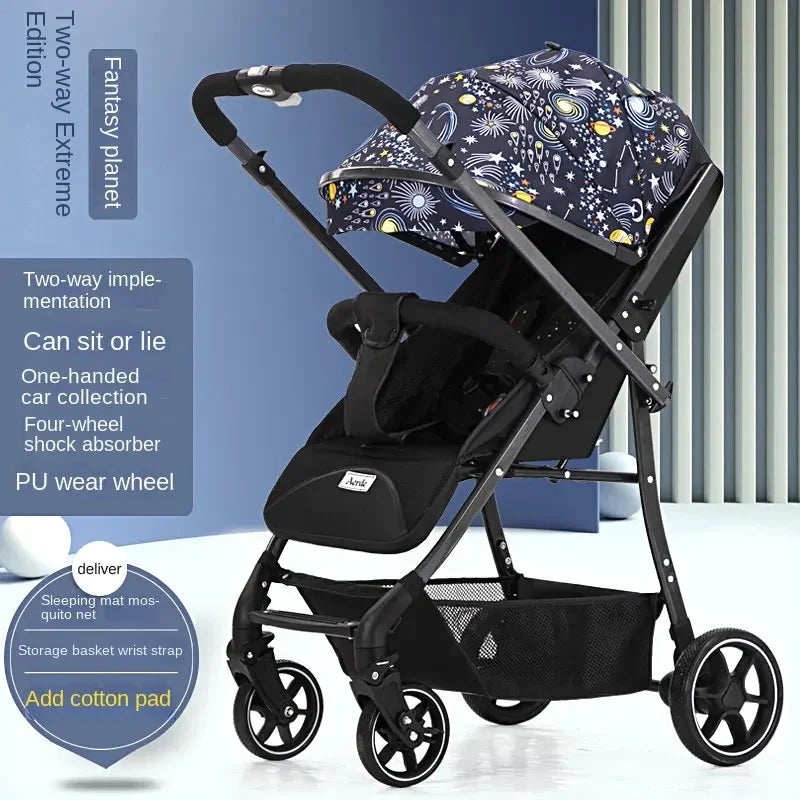 Portable Baby Stroller Can Sit and Lie Down With One Key Folding Bidirectional High View Shock Absorption Universal Wheel GlowCart