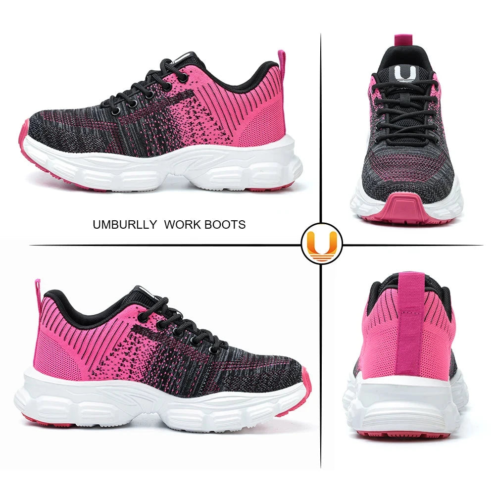 Women's Steel Head Safety Shoes Smash Proof Stab Penetration Air Lightweight Pure Black Simple Sneakers Women's Work Shoes GlowCart