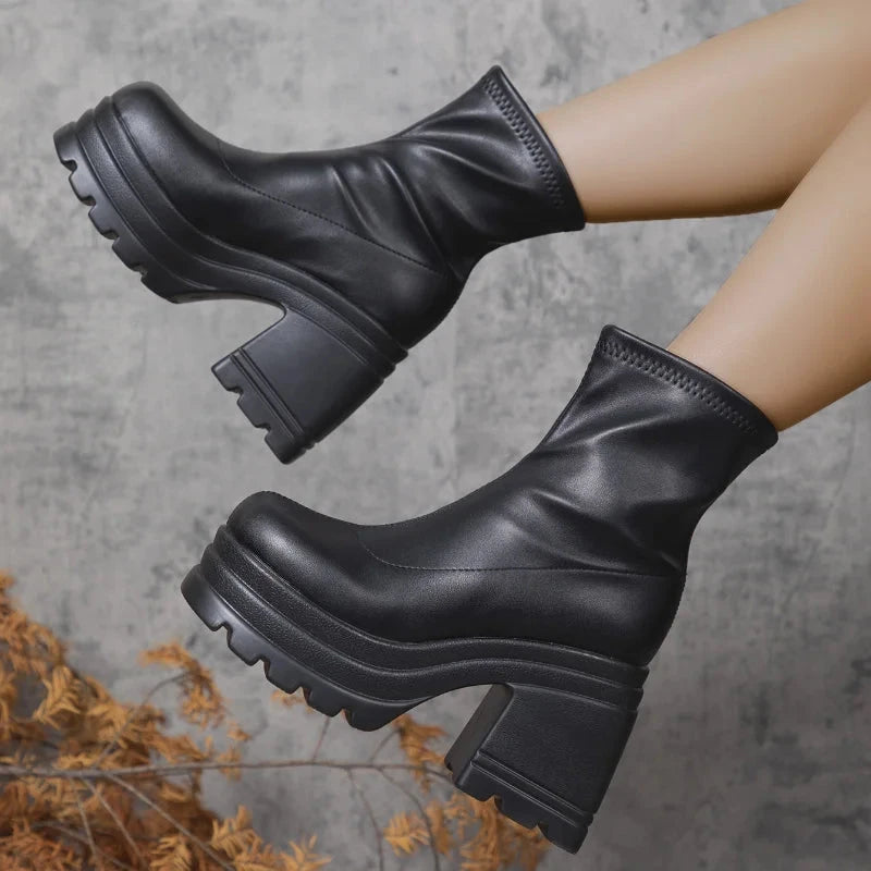 Women New Fashion Short Boots Women Sexy Leather Boot Square GlowCart