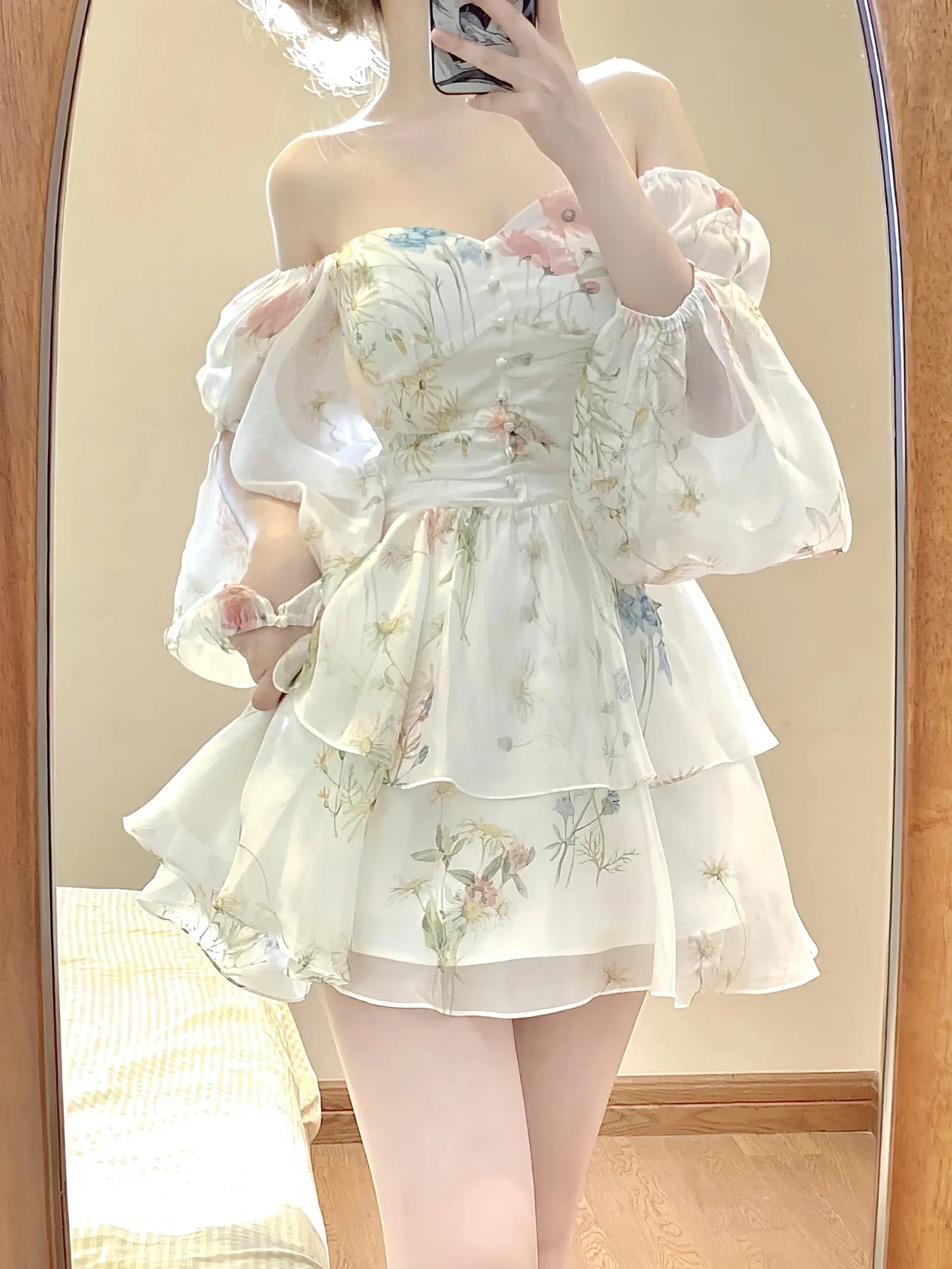 French Elegant Floral Mini Dress Chiffon Long Sleeve Evening GlowCart