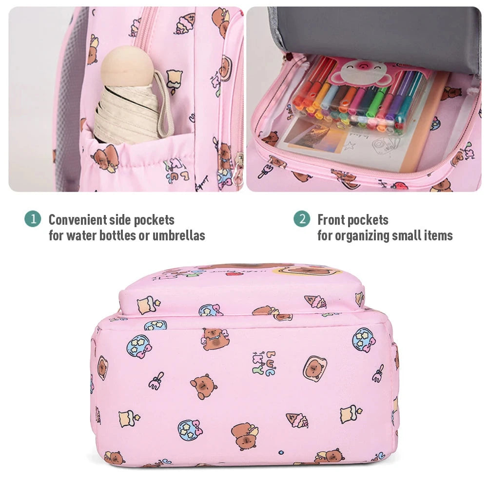 3in1 School Backpack Set Nylon Cute Bookbag Going Out Cartoon Laptop Travel Bag Breathable Back Large Capacity Cute Capybara Bag GlowCart