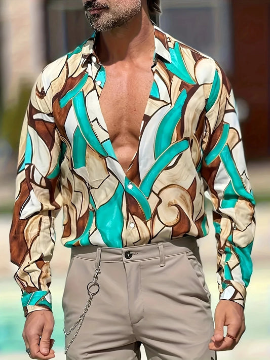 Men's long-sleeved shirts, bold abstract prints - bright GlowCart