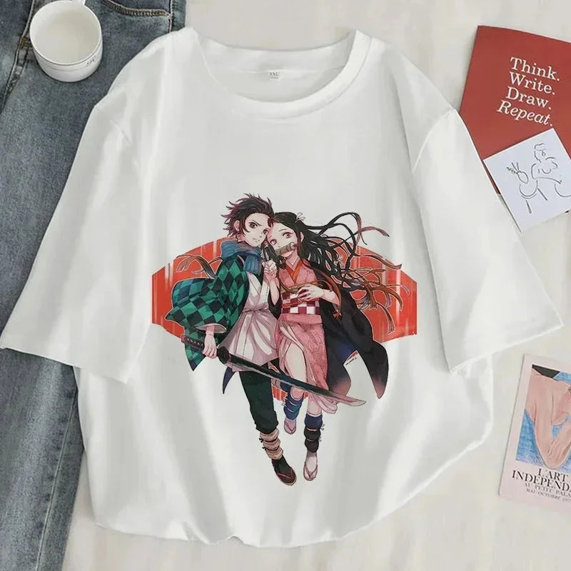 Demon Slayer Print T Shirt Women Harajuku Aesthetic White GlowCart