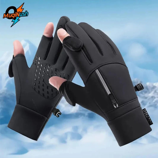 MuqiNush Winter Men's Warm Gloves Flip Cover Exposed Two Fingers Windproof Touch Screen Outdoor Sports Skiing Running Fishing GlowCart