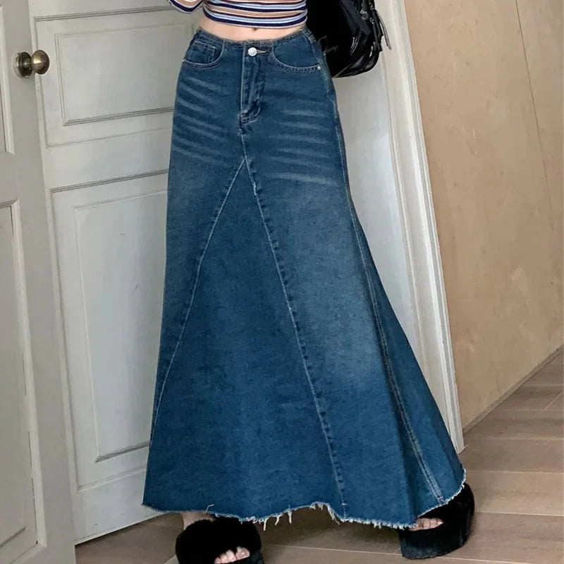2025 Autumn Women's Y2K Jeans American Retro High Waist Denim Skirt Raw Hem Mermaid Maxi Length Flared Style  2750 GlowCart