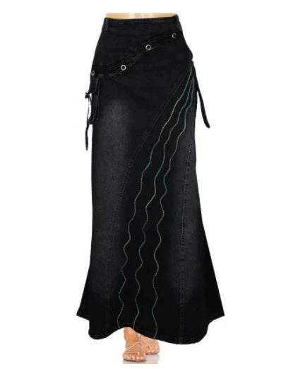 Long Skirt High Waist Vintage Print Women 2024 Autumn Temperament Patchwork Pocket Big Swing Female Denim Fishtail Skirts GlowCart