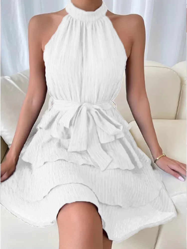 Stylish Sleeveless Off Shoulder Multi-Layered Ruffle Edge Dress Women's Solid Color Mini Dress Party A Line Dresses GlowCart