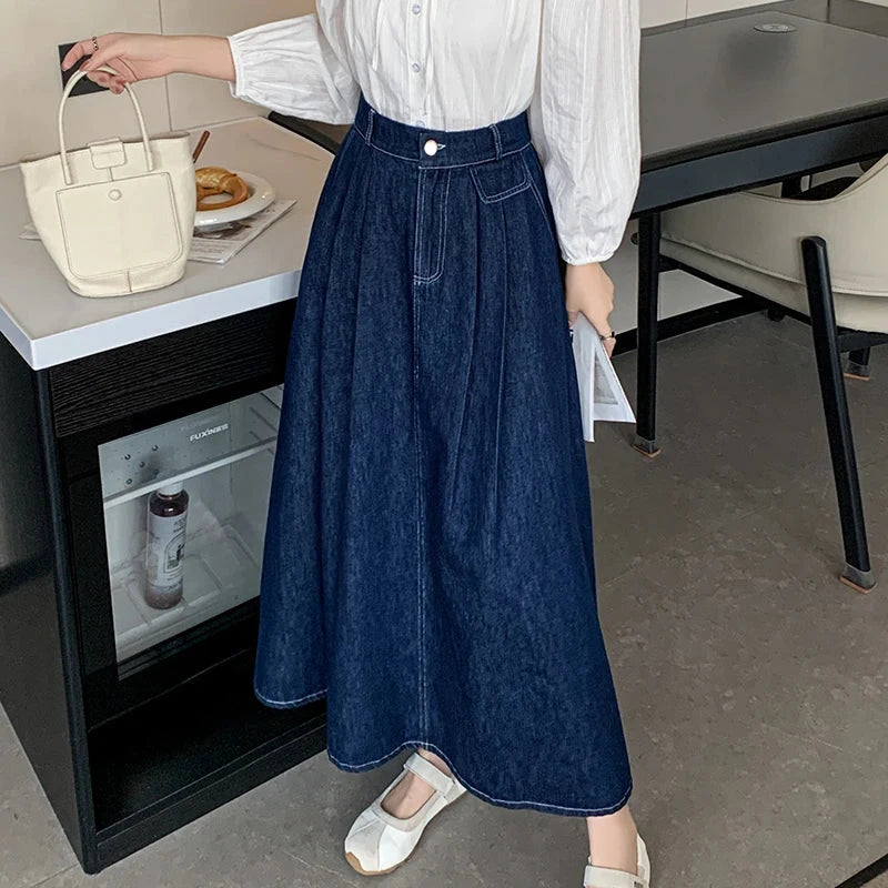 Seoulish High Waist Vintage Denim Women's Umbrella Skirts Pockets Single Button Casual Loose A-line Long Skirts Female 2025 New GlowCart
