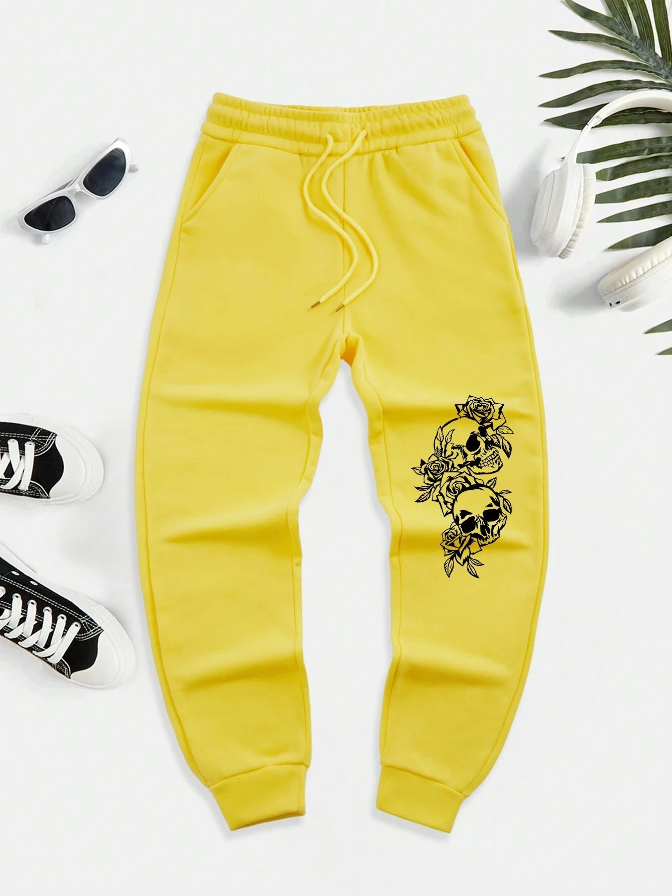Skeleton Surrounded By Roses Printed Warm Men Long Pant GlowCart
