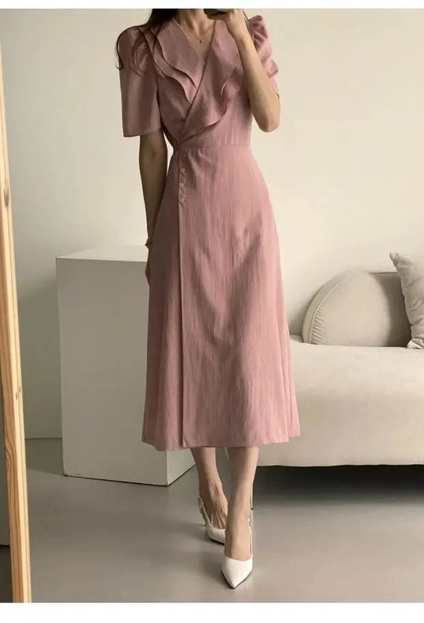 Summer New Chic V-ne Turn-down Collar Slimming Waist Midi Dr GlowCart