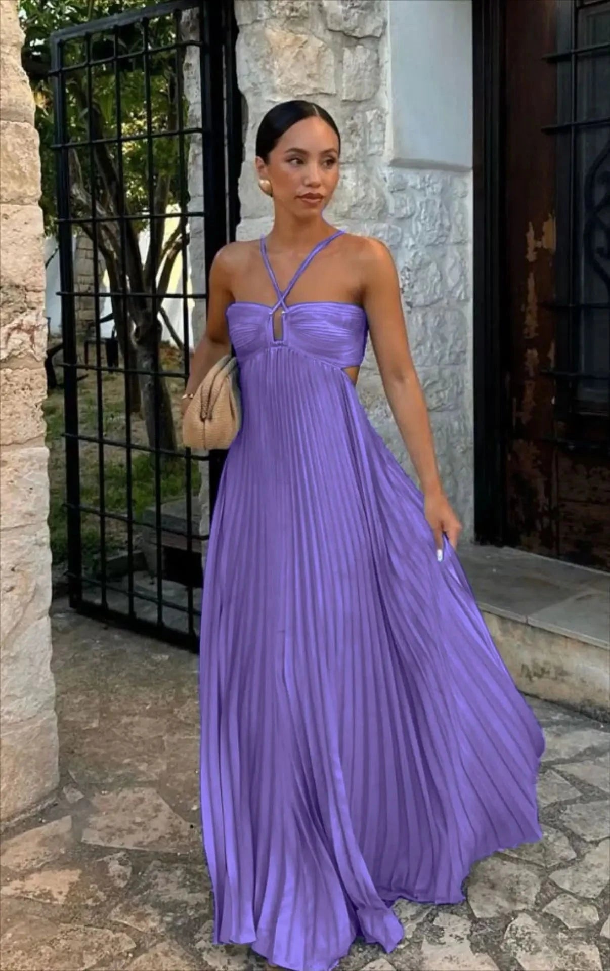 2025 High Waist Pleats Robe Dress Casual Sleeveless Solid GlowCart