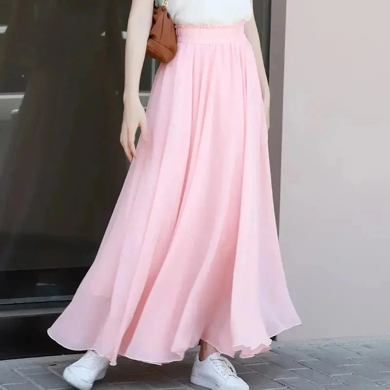 New Summer Chiffon Skirts Plus Size Full-Length Skirt High Waist Elegant Dance Skirt Pink Black Red Royal Blue White Long Skirts GlowCart