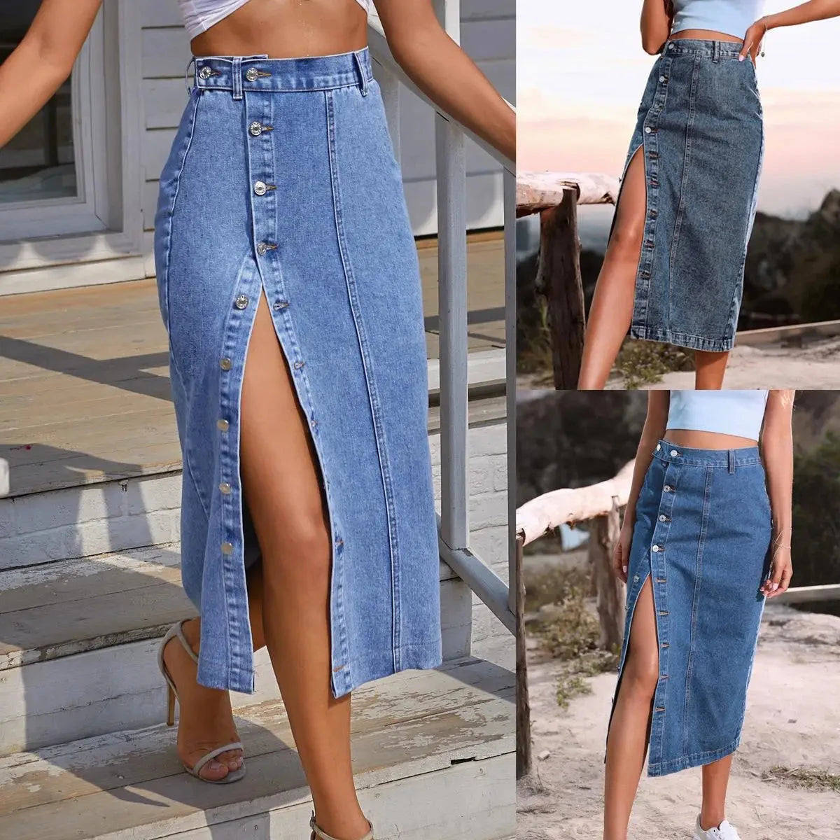 Denim Skirt Women Long Skirts Irregular Split Stretch High Waist Single Breasted Distressed Washed 2025 Summer Streetwear GlowCart