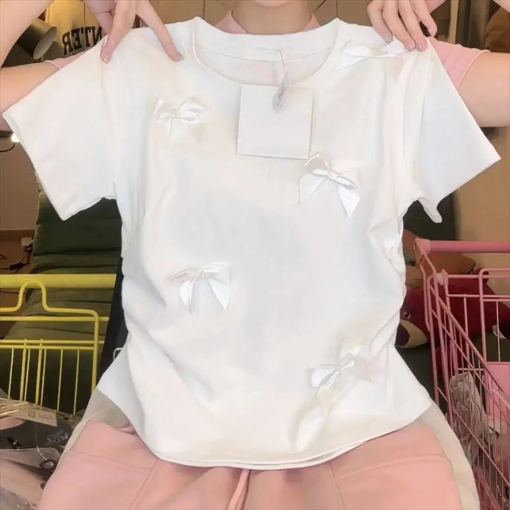 Elegant Ballet Bowknot T Shirts Round Collar Japanese Style GlowCart