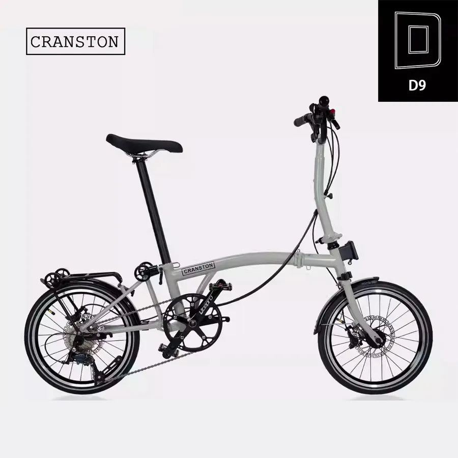 CRANSTON Lightweight Grey Disc Brake M/S 16-inch Portable Folding Bicycle 9 Speed Chrome-molybdenum Steel Retro Bike for Adult GlowCart