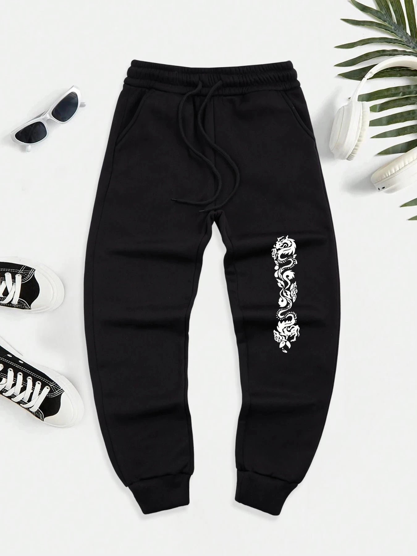 Creative Double Dragon Prints Sweatpants Men Street Fleece GlowCart